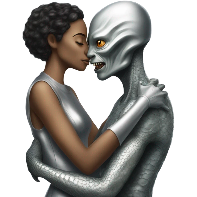https://www.emojis.com/emoji/man-2JXaa2N7QE9  hugs and kissing Alien reptilian woman in silver dress  emoji