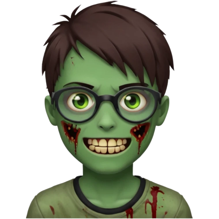Zombie emo boy, green skin and brown hair and eyes, black glasses and a scary cut open smile, scars and blood under eyes emoji