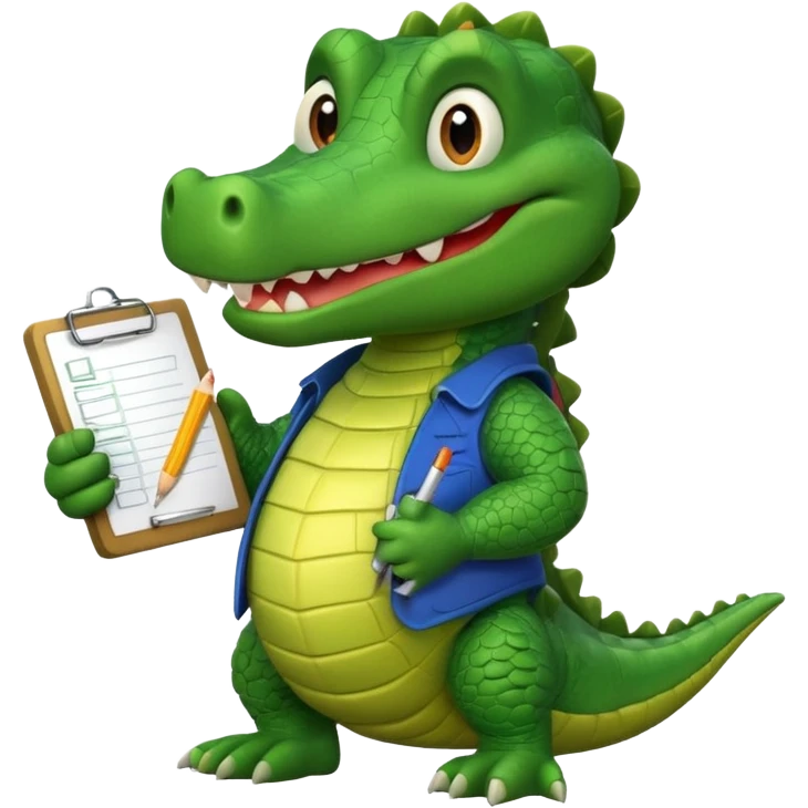 A cartoon gator with a clipboard and a pencil against a white background emoji