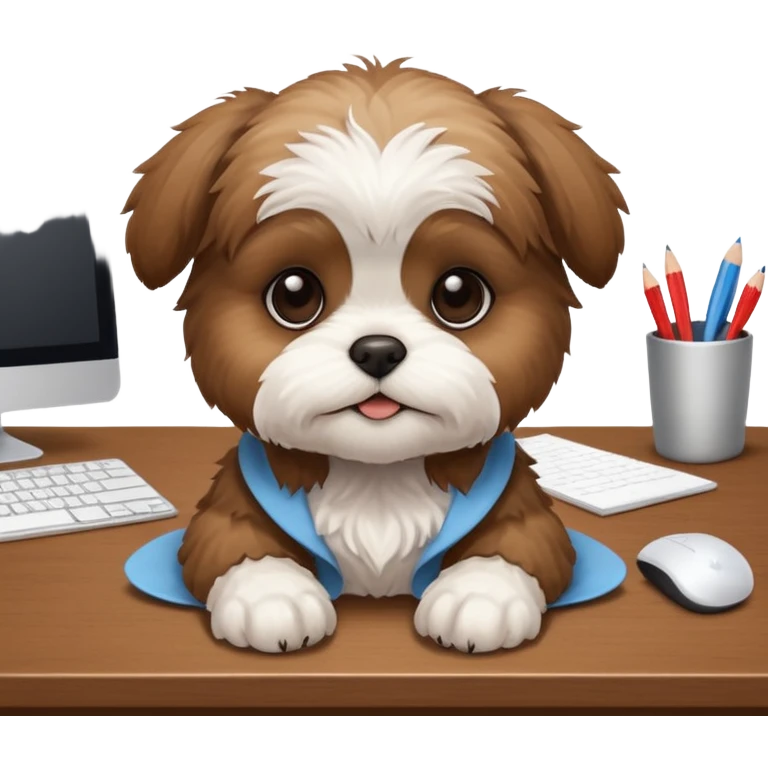 preciso de um cachorrinho da raça shitzu em cima de uma mesa de escritório emoji