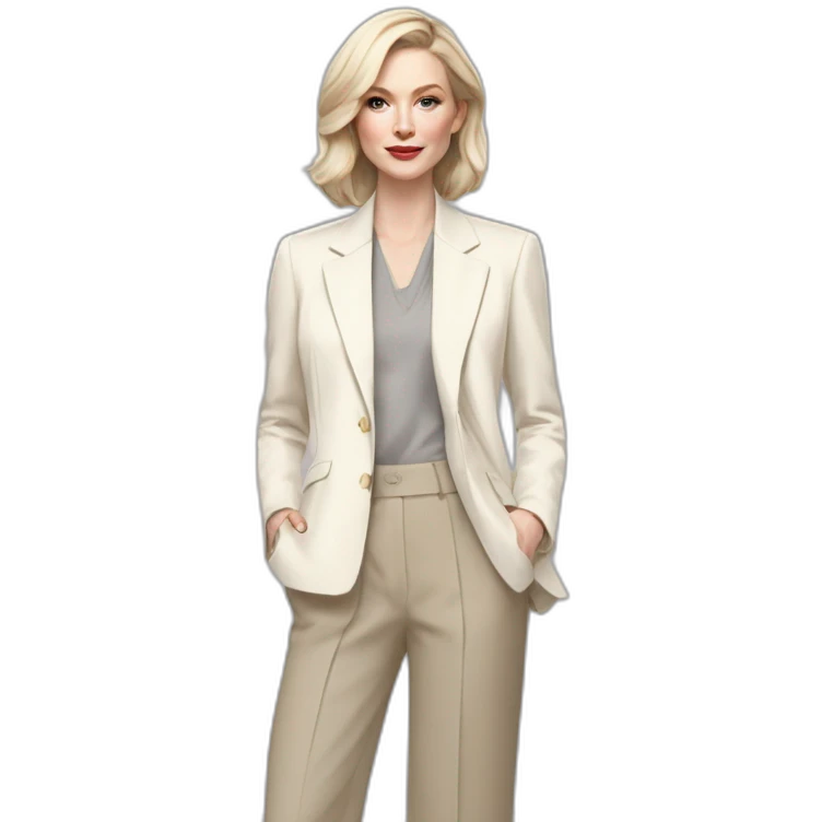 pale skin woman with ash blonde Straightened bob Hair, White Spacious classical jacket, beige palazzo Arrow pants and gray blouse holding a color palettes in the hands emoji