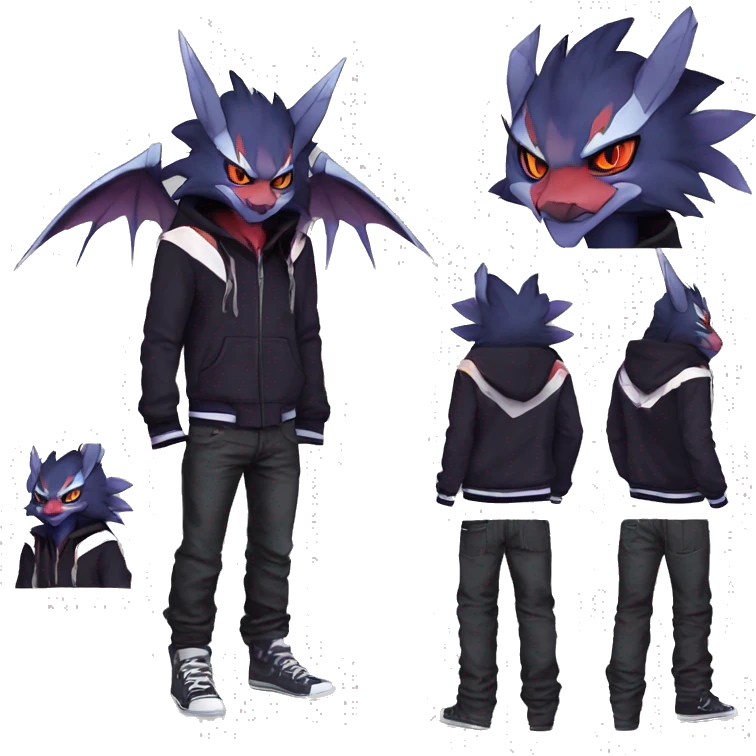 Cool Anthro Dark Absol-Noivern-Quilava-Litten-Pokémon with edgy stripes hoodie spiked collar punk Full Body emoji