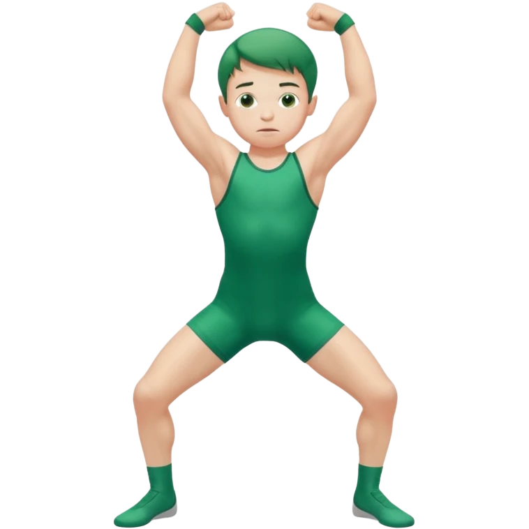 Little boy in a green leotard flexing his arms and bending his knees emoji