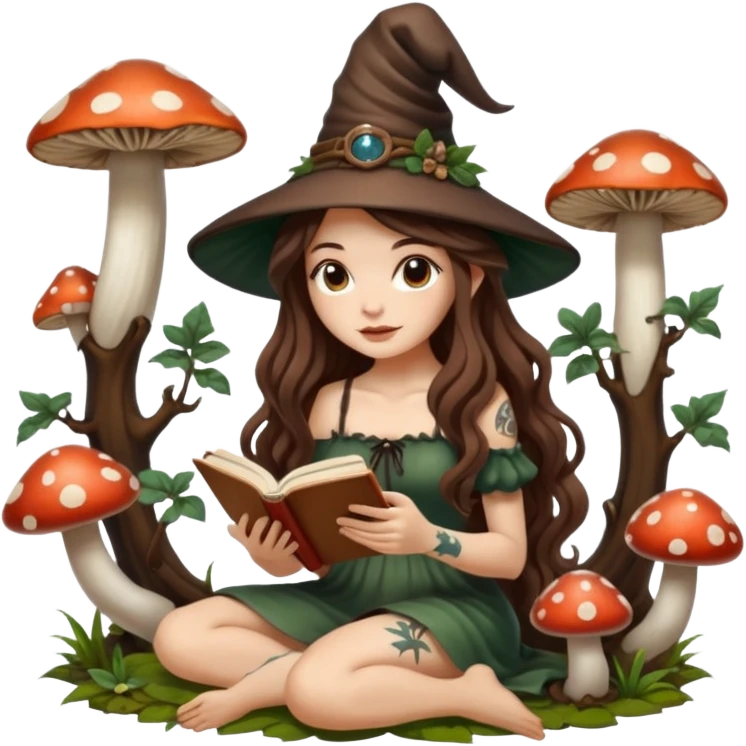 cute forest witch woman long wavy brown hair tattoos reading book on mushroom emoji