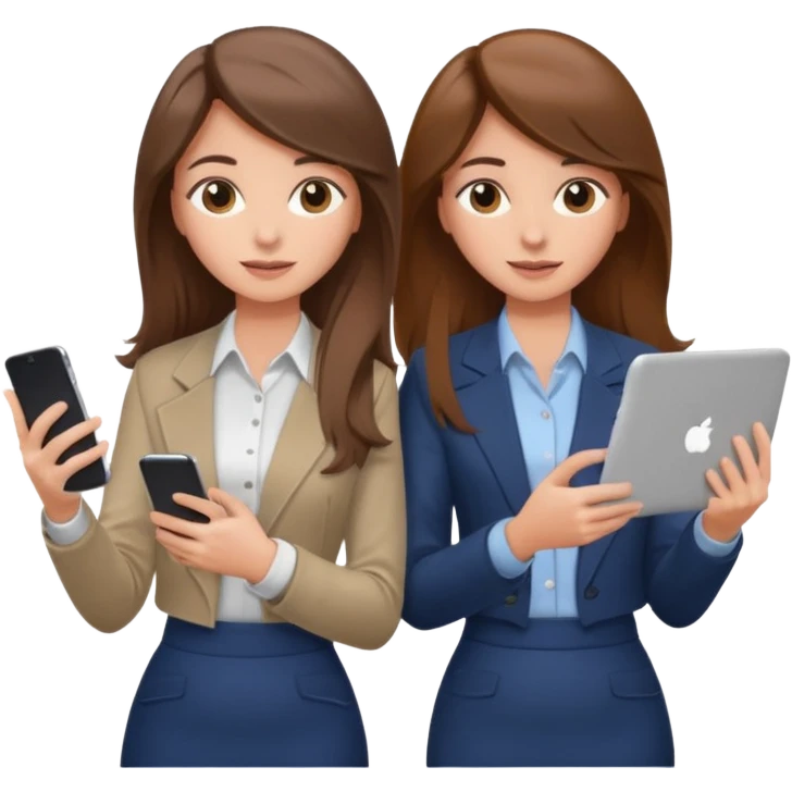 two brown haired girls, looking professional maybe leaned back on back and looking forward and using phones, with longer hair and with some cute clothes without ties, blowout hair, one girl can hold lap top athoer one can hold the phone emoji