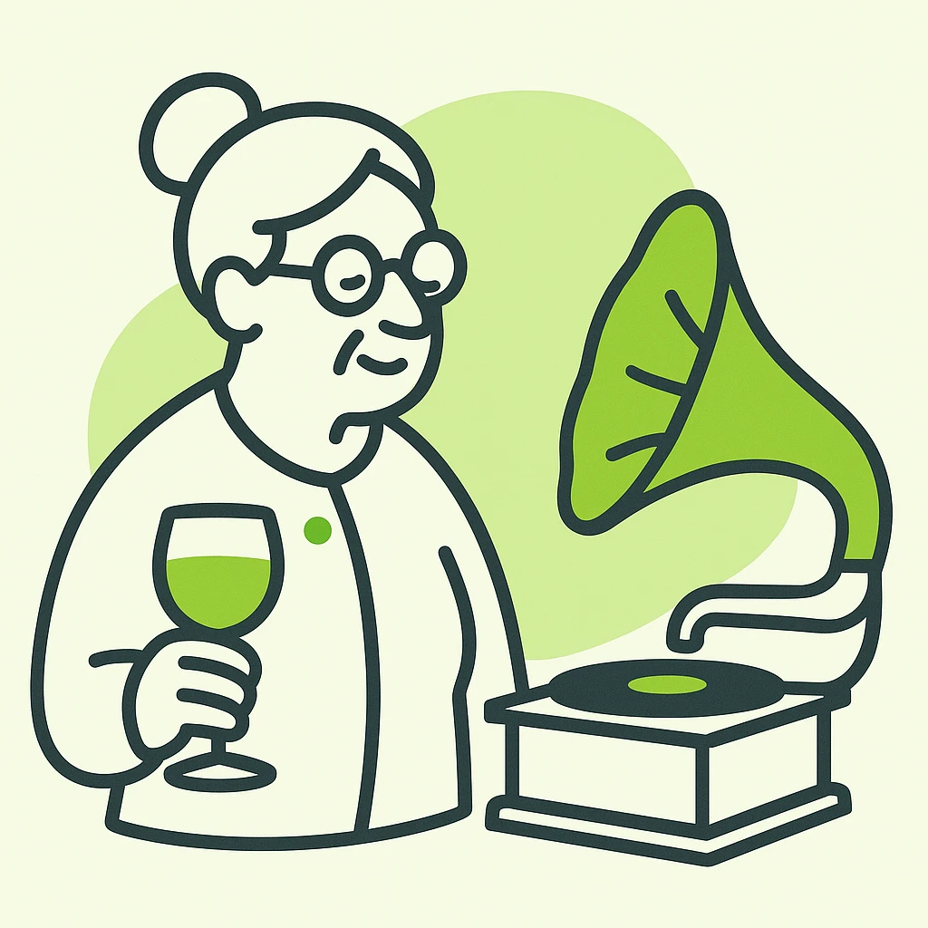 old lady with wineglass listening to gramophone emoji