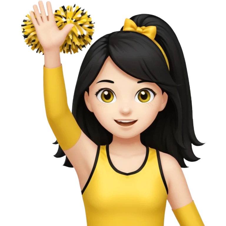 A long black hair teen girl waving pom-poms, eyes sparkling with excitement, yellow cheer leader top emoji