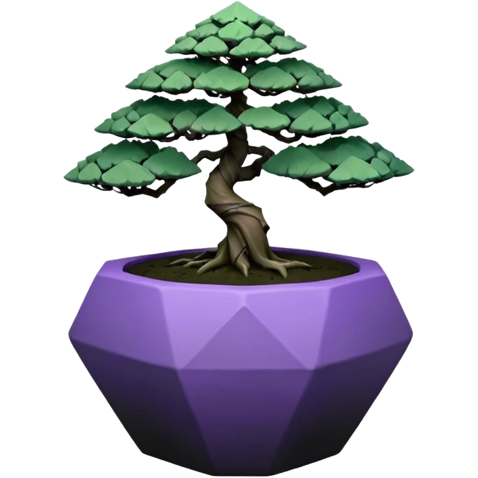  Earthenware small short squat cascading black green-violet bonsai pot plant purple maiden hair-leaf pine tree with triangular angular tiny-polygonal faceted asymmetrical originally shaped pot emoji