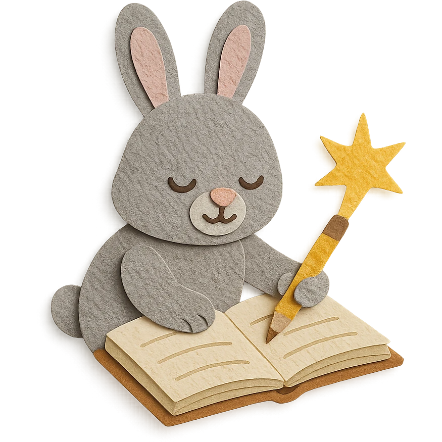 highly detailed, high quality paper craft style illustration of a gray bunny writing in a notebook with a spark of light, intricate textures, soft lighting, delicate cut-paper details emoji