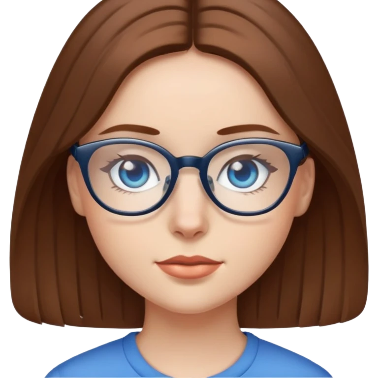 A girl with brown medium hair with blue eyes and a glasses emoji