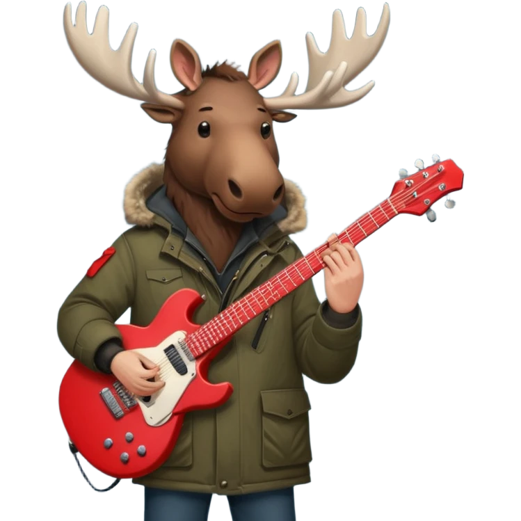  A man with the head of a moose playing a red electric guitar in Alaska. Give him a dark vibe and an attitude emoji