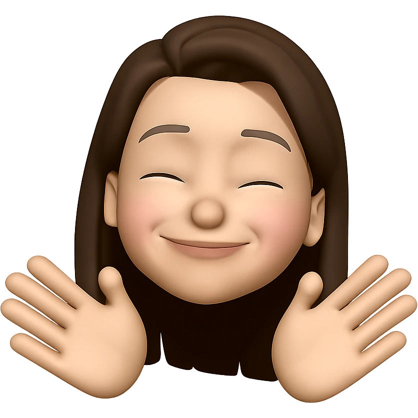 make her look joyful and like she just did something great but still humble, with a warm, happy, and modest expression and gesture, keep the same style emoji