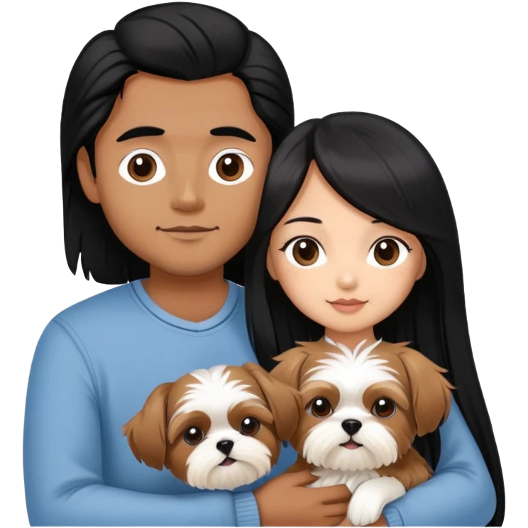 A beautiful Asian girl with long black hair is holding a small Yorkshire Terrier. She is standing next to her brown skinned boyfriend, who is holding a Shih Tzu. They are each holding one dog each emoji