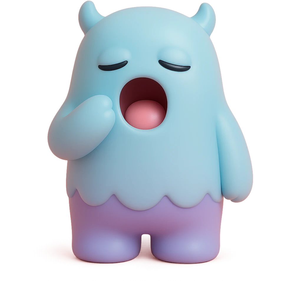 sleepy monster with half-closed eyes yawning, soft blue and lavender colors, toy-like vinyl figure style emoji