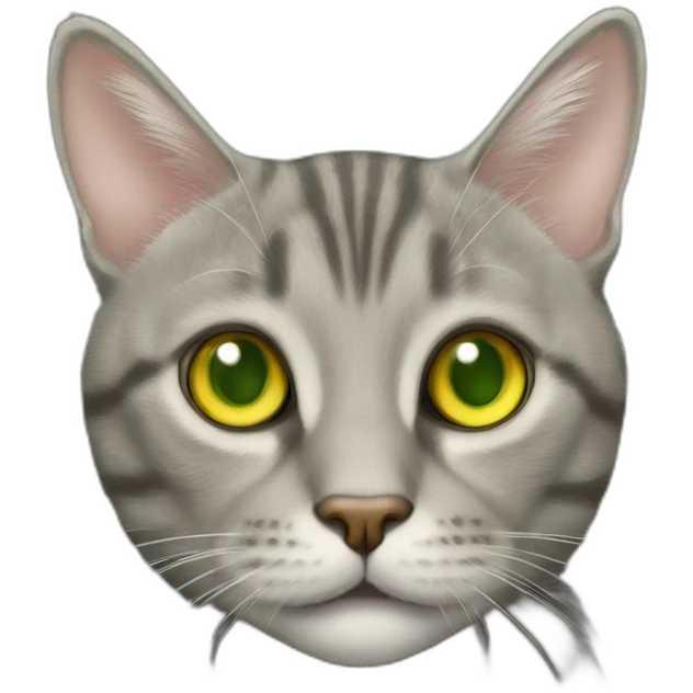 american short hair cat- tabby- a little bit fat- green yellow eyes- the distances between eyes is a little bit far- gray hair- fluffy- looks cute emoji