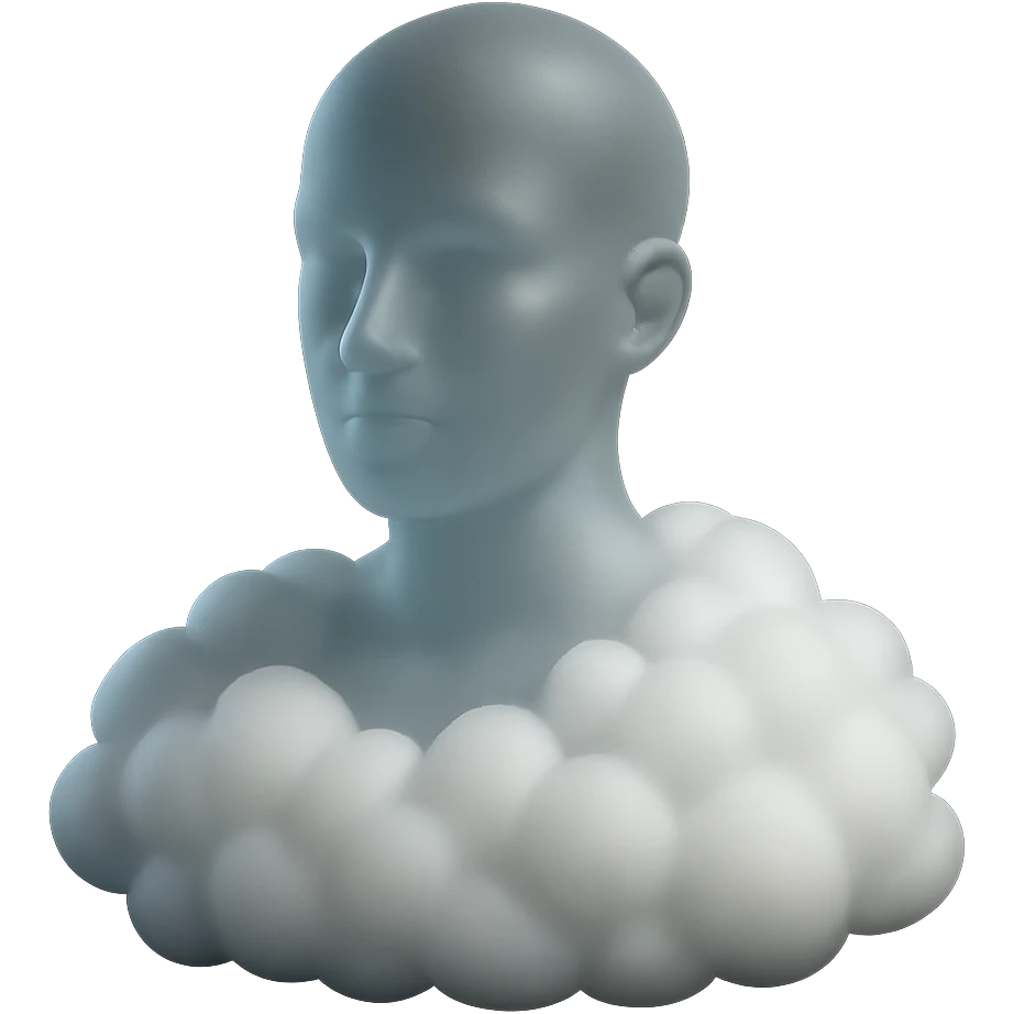 person looking straight ahead, shoulders filled with white fluffy convex clouds, matte glass style emoji
