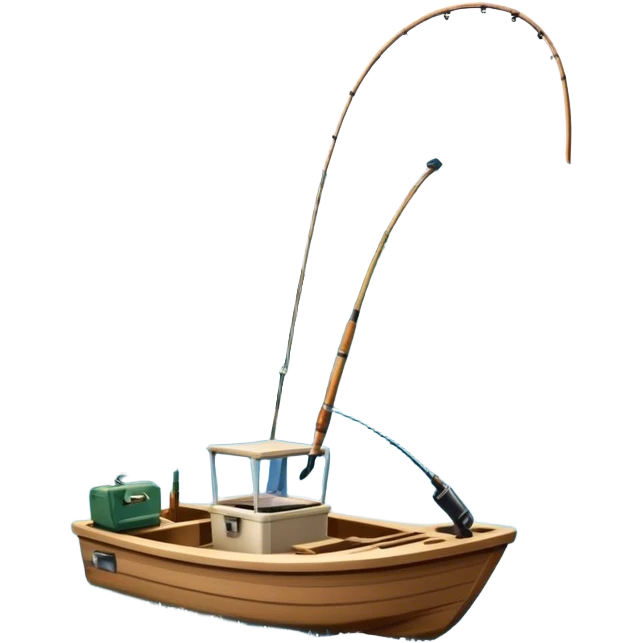 Icon for Fishing Travel: a boat on a calm lake surrounded by mountains and lush greenery, with fish jumping out of the water, a fishing rod, tackle box. The icon should capture the peaceful and adventurous nature of fishing trips. Transparent background. emoji