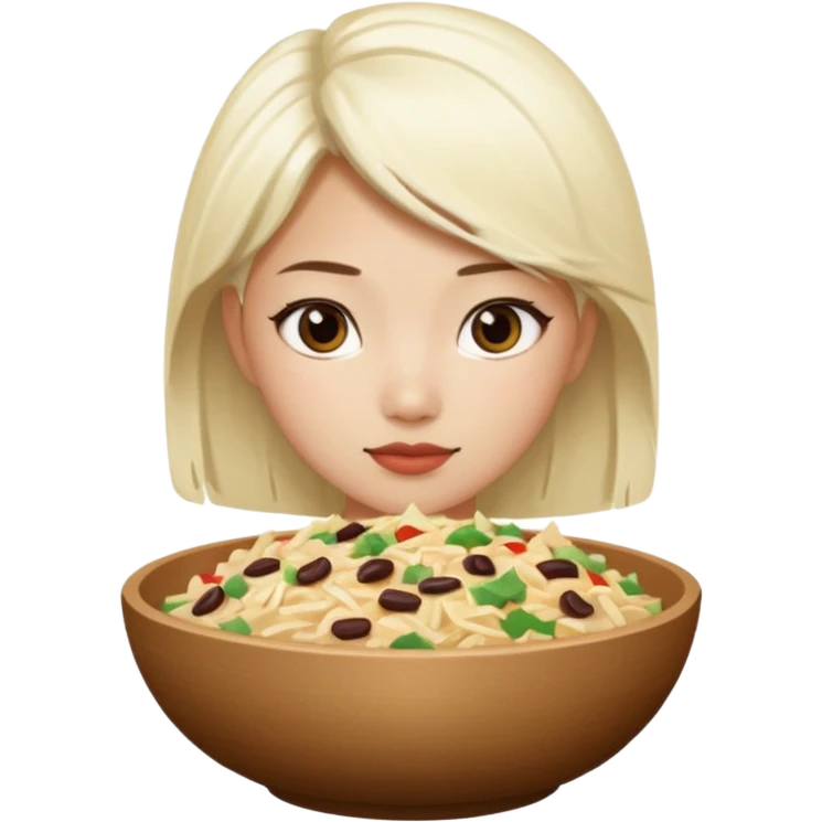 Platinum blonde Asian girl with chipotle bowl emoji