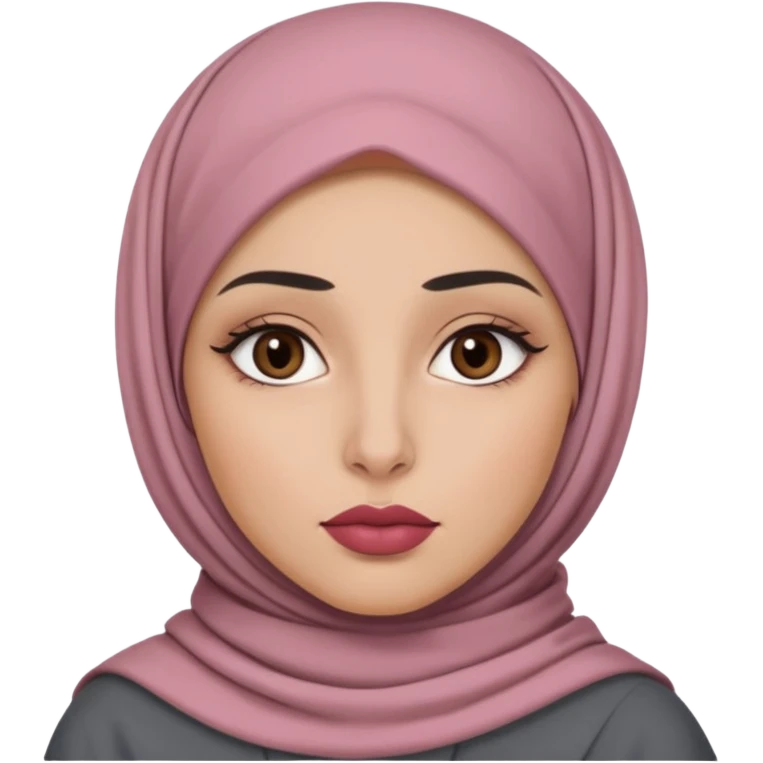Emoji of a young woman with light-medium warm skin, slate-grey hijab, oval face, dark full brows, almond brown eyes, straight nose, full lips with matte rose lipstick. Expression: one eyebrow raised, flat mouth, skeptical like 🤨 emoji