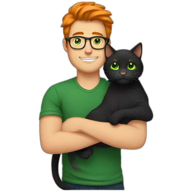 White guy with green eyes, black shirt hair and with glasses hug orange percian cat emoji