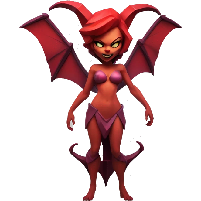 A succubus sculpture with a geometric, faceted design. The red haired succubus is standing upright with angular and disney features. The vibrant red color highlights the sharp edges and planes. emoji