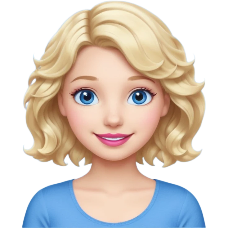 Girl Blonde short wavy hair,  blue eyes, cute blue top, long lashes, pink lips, 👄 big smile  emoji