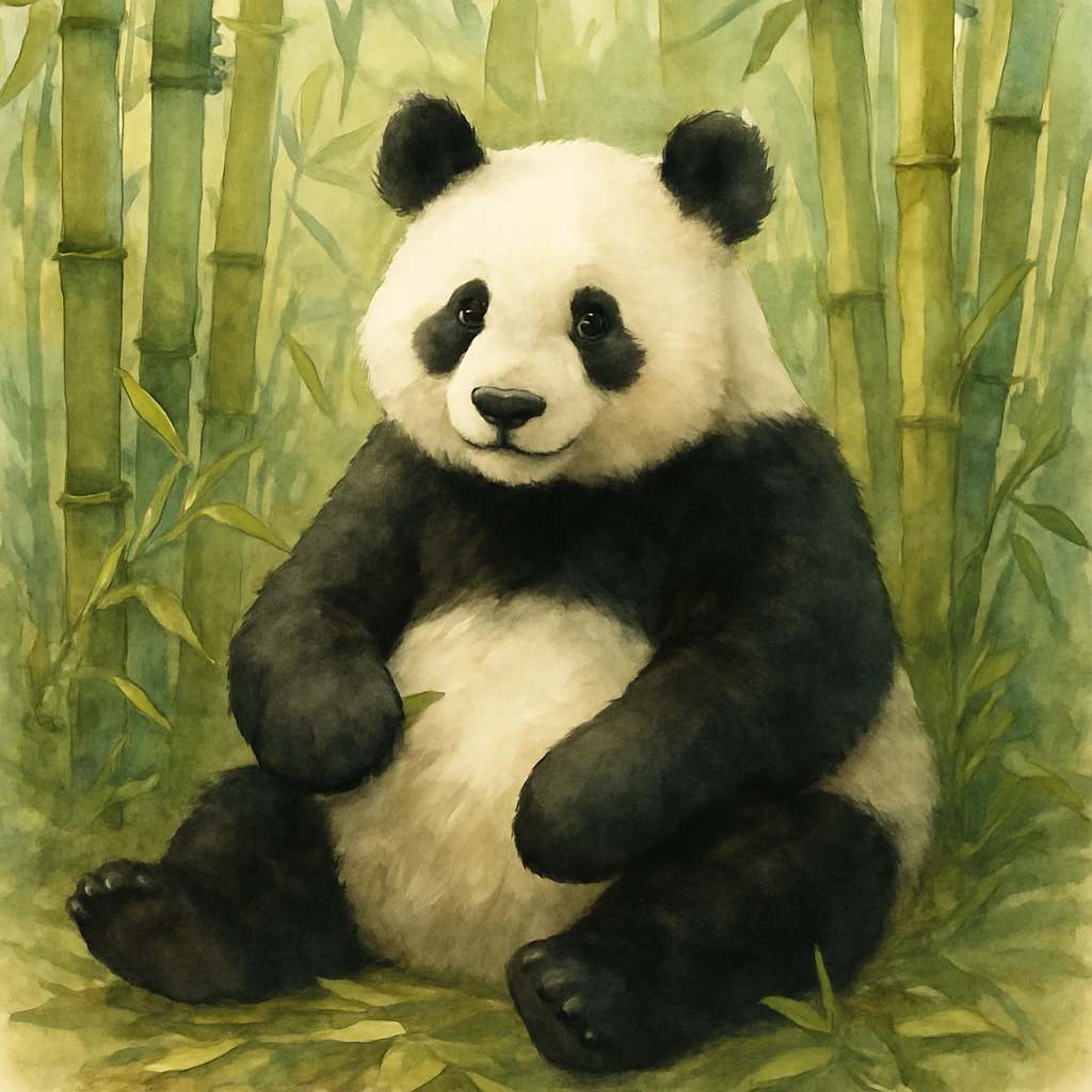A lovely panda sitting in a bamboo forest, in the style of the reference image emoji