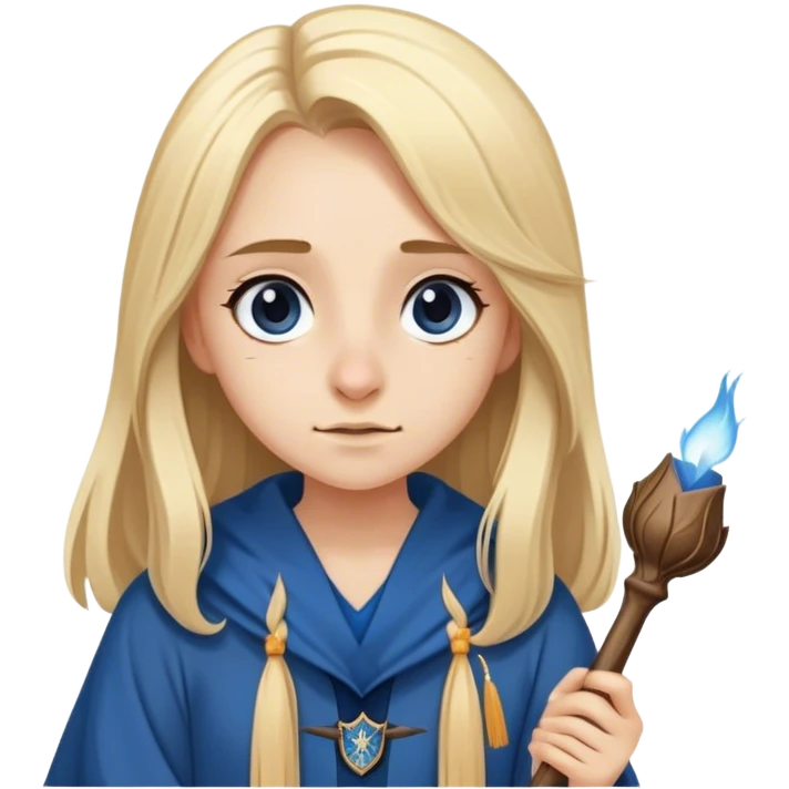 Girl with Long straight light blond hair hawky nose with a ravenclaw Robe and a wooden small wand emoji