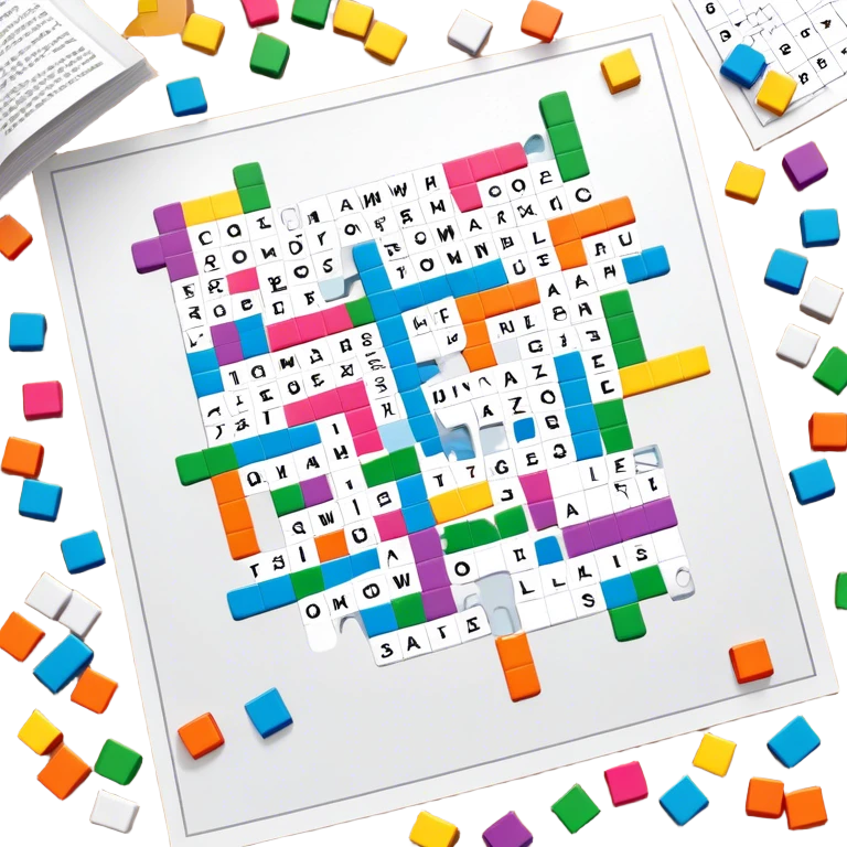 A photorealistic icon with a colorful, fragmented crossword magazine, a 3D puzzle, and a partially completed puzzle on a table. Bright, detailed design with realistic lighting. Transparent background, clearly symbolizing puzzles and brain games. emoji