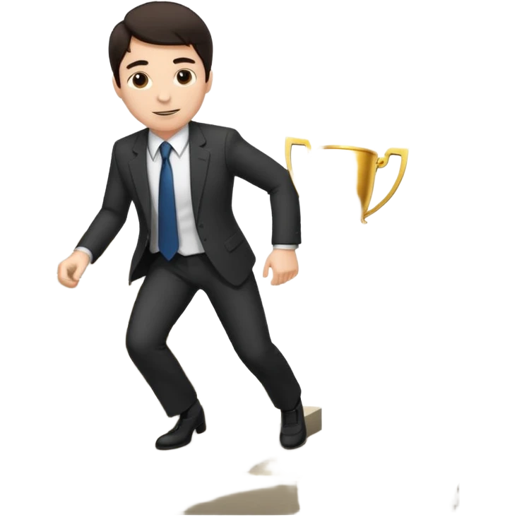 A man with fair skin and dark hair is climbing stairs to grab a trophy emoji