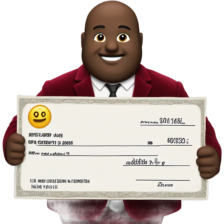 fat guy in dark red velvet suit holding cheque emoji