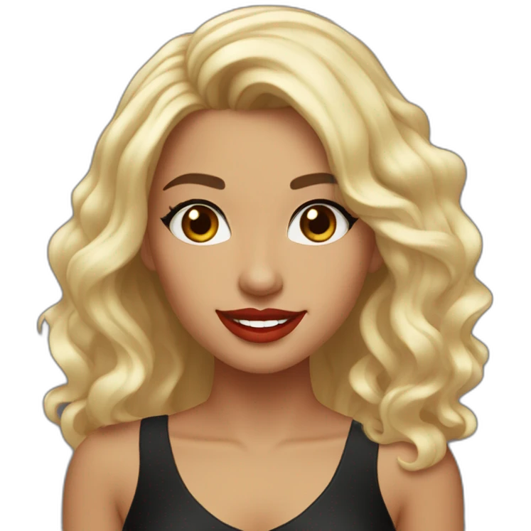 young moroccan woman with dark brown eyes, dark long curling hair with blond extrimity, red lips, big smile, black dress emoji