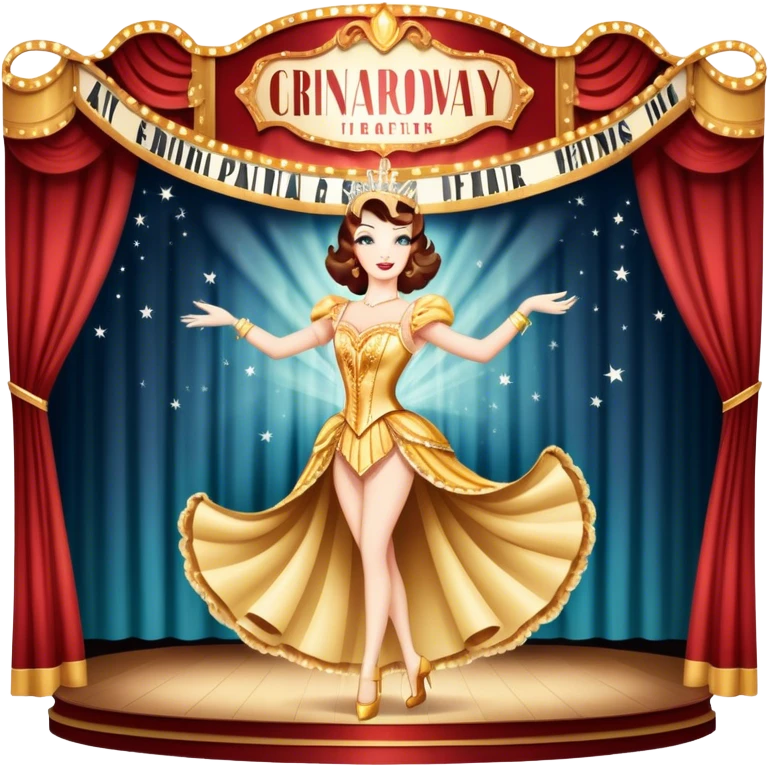 Icon for Broadway Musical: A vintage theater poster-style design featuring a grand stage with bright lights, a shining spotlight, and a glamorous performer in a dazzling costume. Include elements like musical notes, curtains, and Broadway signage. Retro cinematic style. Transparent background. emoji