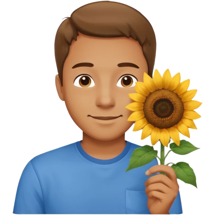 Man smelling sunflower with gentle smile, body emoji