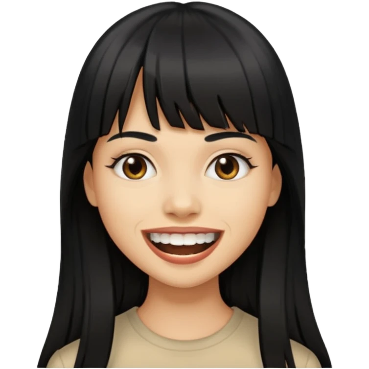 Woman a little tan with long black hairs and bangs, appearing teeth emoji