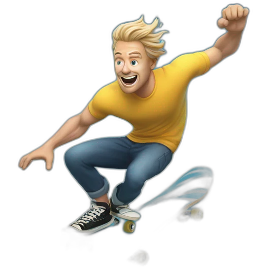 hyper real white dude surfing massive blue ocean wave on a skate board emoji