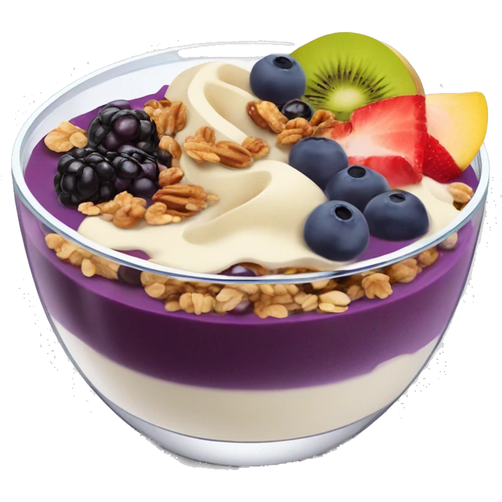 Açaí in a clear cup with layers of fruits and granola and condensed milk emoji