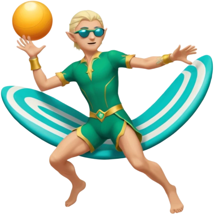 elf male legolas launching a frisbee woven from pure sunlight, wearing sporty teal swim shorts and performance sunglasses, pointy ears, dynamic motion lines, beach sky backdrop, centered emoji emoji