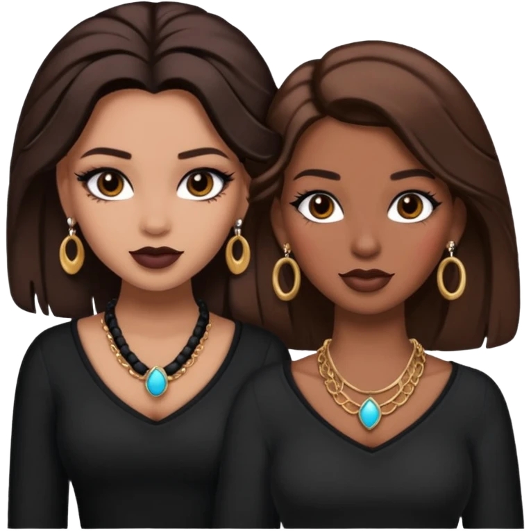 Boujy baddie best friends, trendy heavy makeup both dark hair one light skinned and one mocha brown pretty hair style both wearing black and earrings and necklace one mocha brown skin emoji
