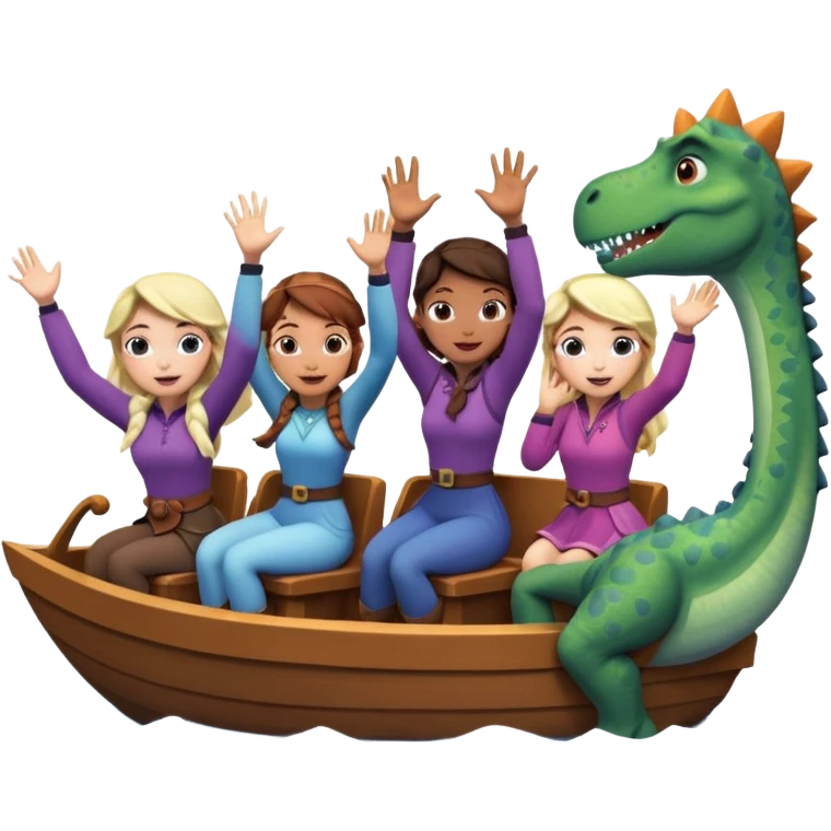 4 chicas montadas en una atraccion de levantando la mano con orejas de dines puestas en una atracción, la barca que sea como la de frozan emoji