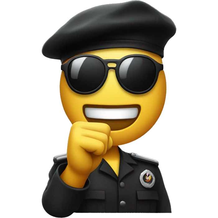 a smiley emoji with a black beret and black sunglasses and the righr fist in the air emoji
