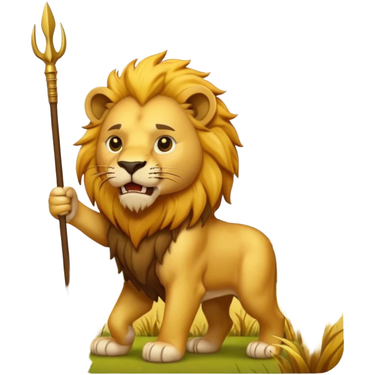 a fierce lion holding a spear in its mouth, standing in a savannah landscape, apple style emoji art emoji