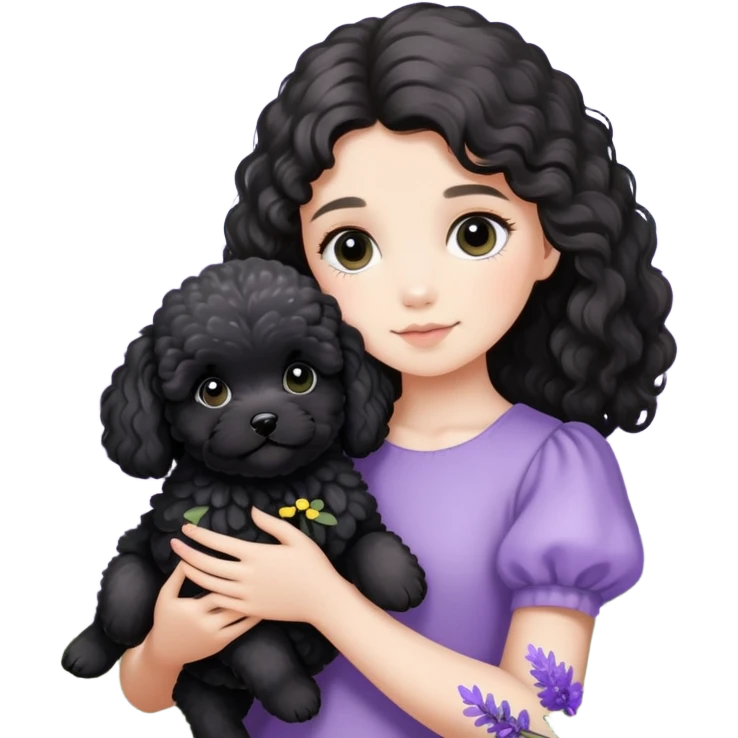 A long-haired girl holds a black maltipoo puppy in the lavender flowers emoji