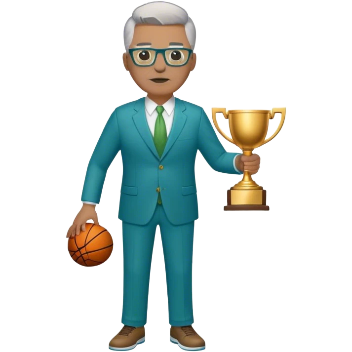 full body plus size white male basketball coach with short light brown mixed with gray hair color wearing glasses wearing blue and green suit holding a trophy emoji