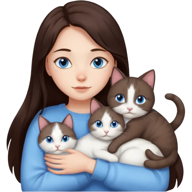 a girl with long dark 
brown hair, with blue eyes, in a
white sweater, hugs 3 different natural coloured cats emoji
