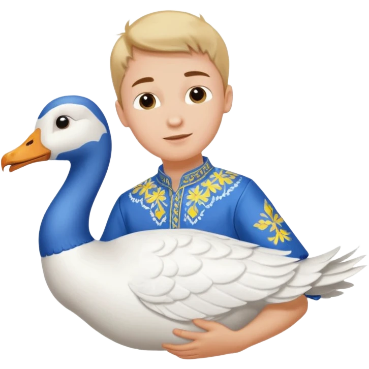 A boy in a Ukrainian white embroidered shirt flies on a white goose emoji