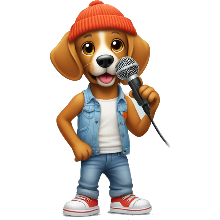 Anthropomorphic cartoon dog with simple face. Wearing orange beanie, light blue tank top, baggy jeans, and bright red shoes. Holding microphone emoji