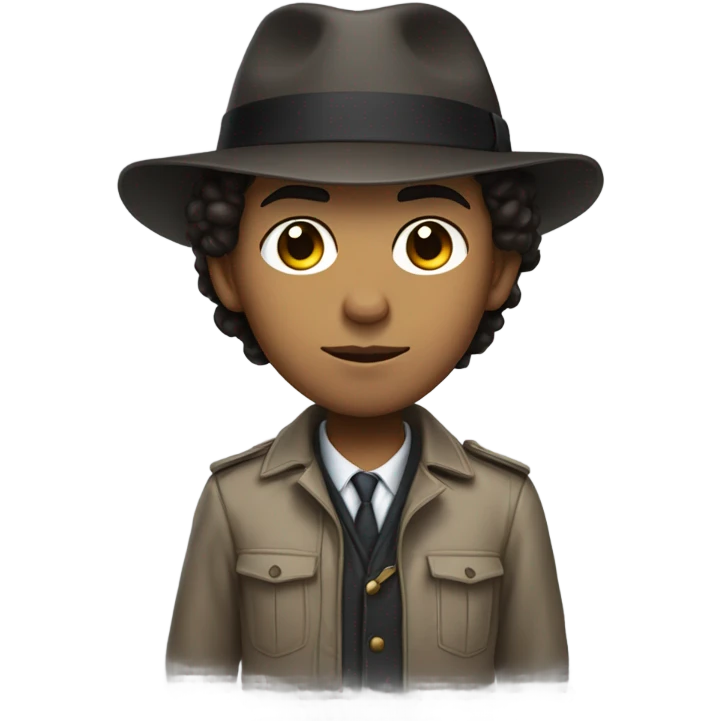 a mixed raised boy with dark brown hair wearing a detective suit and the hat looking low key emoji