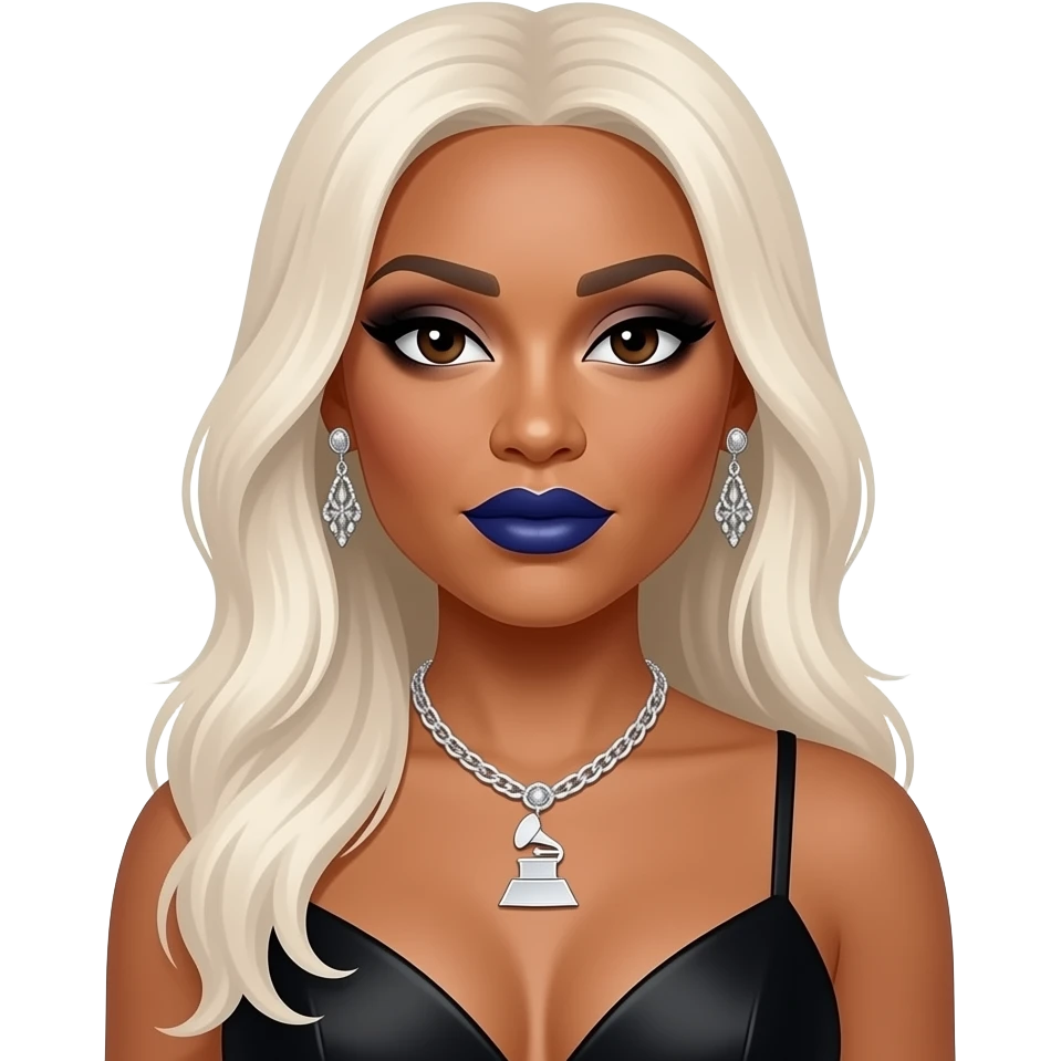Lil Kim with dark brown eyes, long white blonde hair, black eyeshadow, indigo lipstick, black grammy dress, necklace and earrings emoji