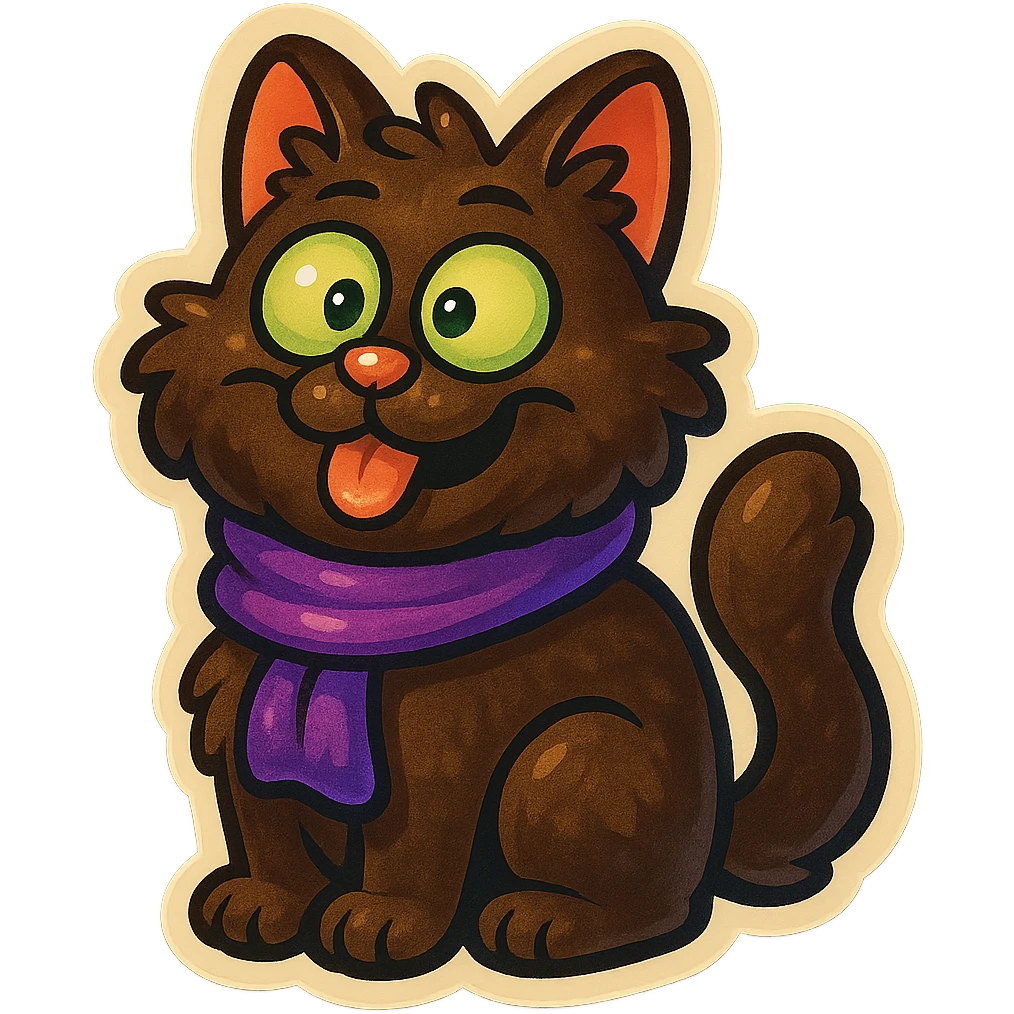 Fluffy cute derpy silly goofy funny dark-brown cat with green eyes and a purple scarf  emoji